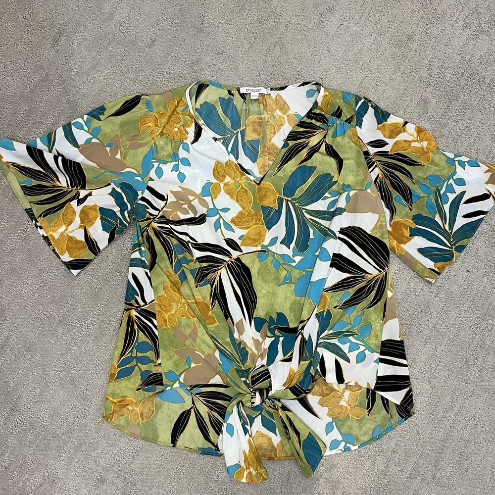 Chico's Flutter Sleeve Tie-Front‎ Short Sleeve Top Size 0.5 US 6 Tropical Blouse